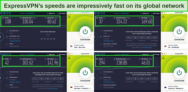 Screenshots of Ookla speed tests showing ExpressVPN server speeds when connected to France, the UK, the US, and Australia