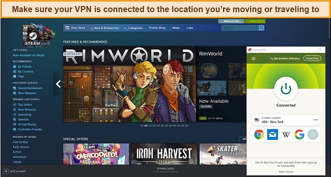 Screenshot of Steam dashboard with ExpressVPN connected to a US server