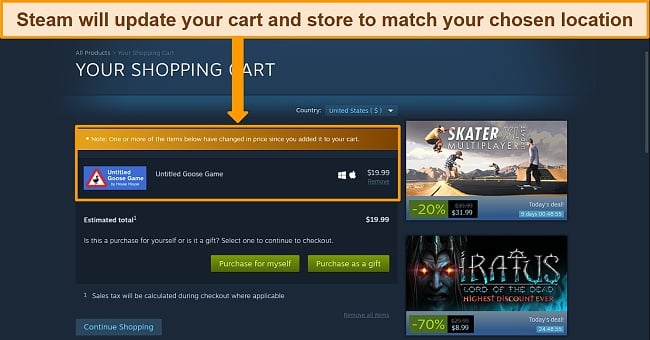 Screenshot of Steam dashboard with updated currency and cart to match new chosen location