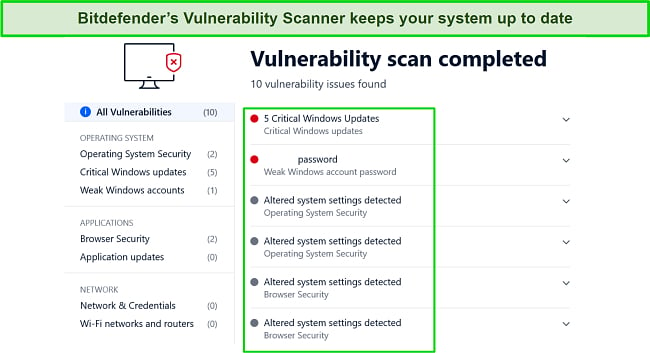 Screenshot of Bitdefender's Vulnerability Scanner detecting vulnerabilities on a PC