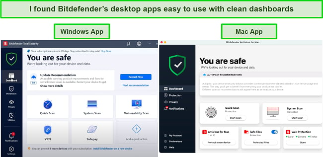 Screenshot of Bitdefender desktop apps' user interfaces