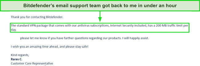 Screenshot of email sent by Bitdefender's support team