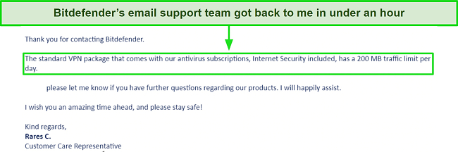 Screenshot of email sent by Bitdefender's support team