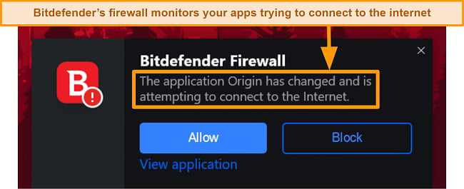 Screenshot of Bitdefender's firewall monitoring an app