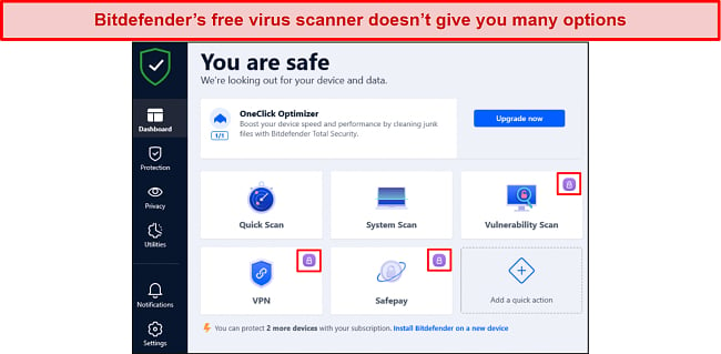Screenshot of Bitdefender's free virus scanner dashboard