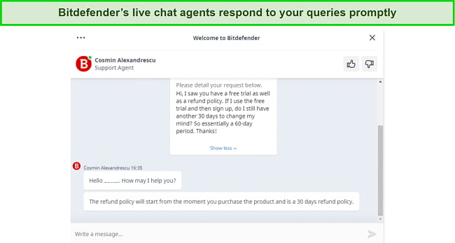 Screenshot of Bitdefender's live chat with a customer support agent
