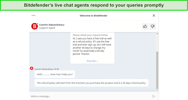 Screenshot of Bitdefender's live chat with a customer support agent