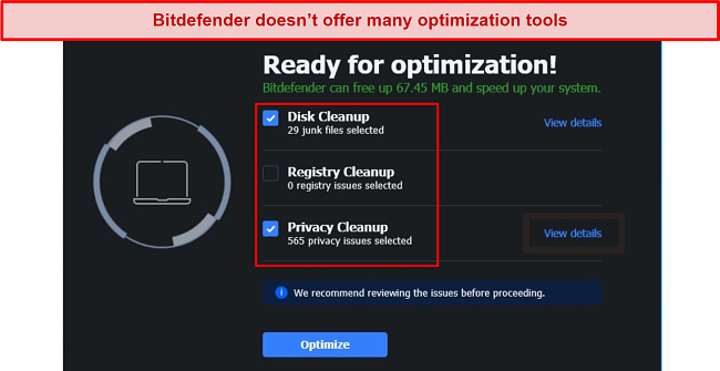 Screenshot of Bitdefender's One Click Optimizer dashboard