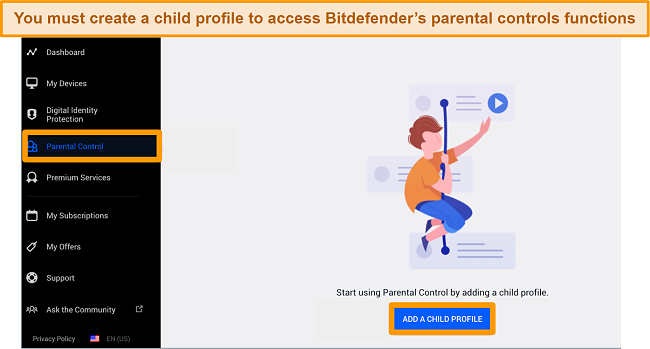 Screenshot of Bitdefender's Parental Controls dashboard