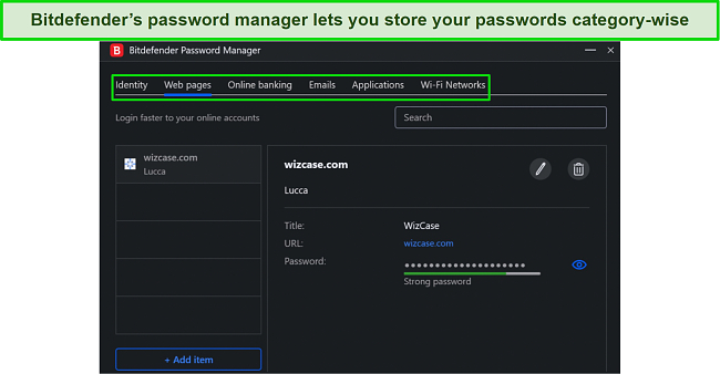 Screenshot of Bitdefender's password manager dashboard