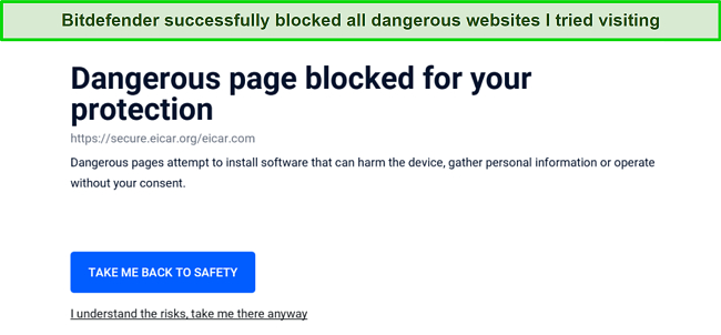 Screenshot of Bitdefender blocking a potentially dangerous website