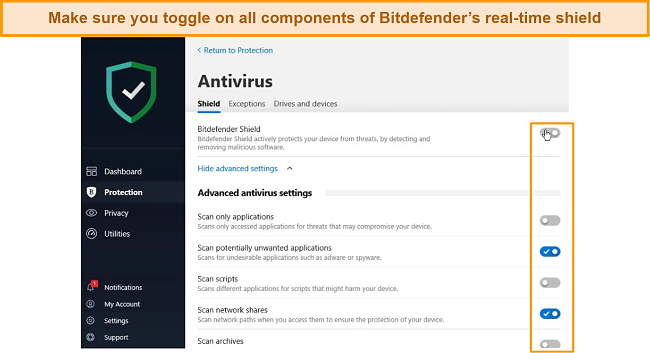 Screenshot of Bitdefender's real-time protection dashboard