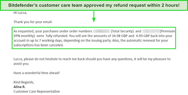 Screenshot of Bitdefender customer support team's email approving a refund request