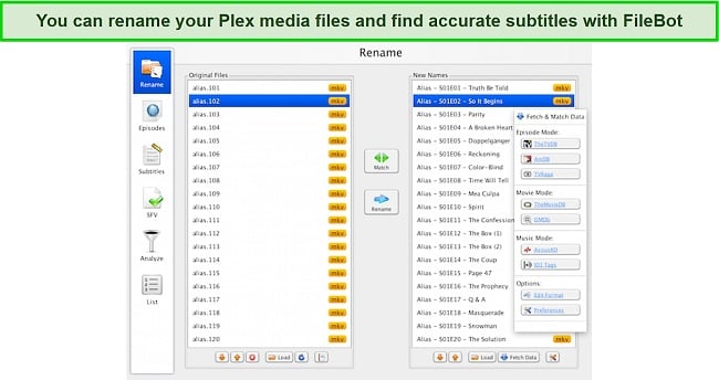 Screenshot of FileBot app for Plex