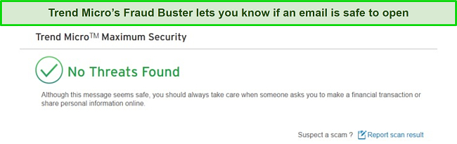 Screenshot of Trend Micro's Fraud Buster examining the safety of an email