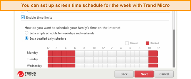 Screenshot of setting up screentime limits on Trend Micro's parental controls
