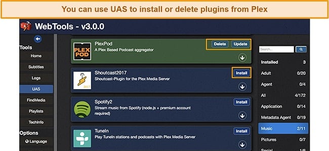 Screenshot of UAS WebTools dashboard to install/remove plugins