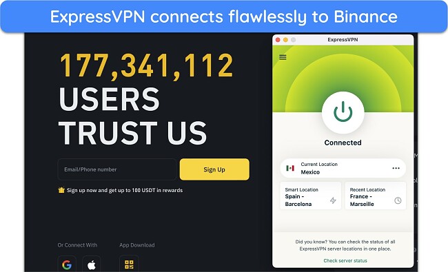 Binance global website alongside the ExpressVPN app connected to Mexico
