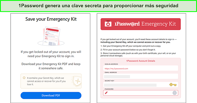 Kit de emergencia de 1Password con la clave secreta.