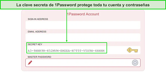 Captura de pantalla de la página de inicio de sesión de la cuenta de clave secreta de 1Password.