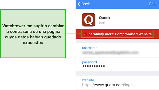 Captura de pantalla de Watchtower de 1Password detectando un sitio web comprometido.