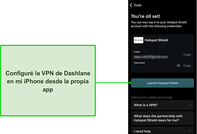 Captura de pantalla de la configuración de VPN de Dashlane desde la aplicación.