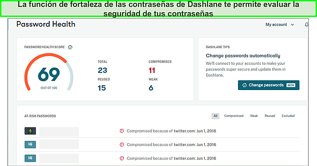 Función de estado de la contraseña de Dashlane en acción.