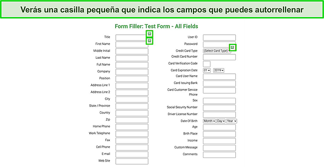 Captura de pantalla del formulario de prueba que se completa automáticamente con la función de autocompletar de Roboform.