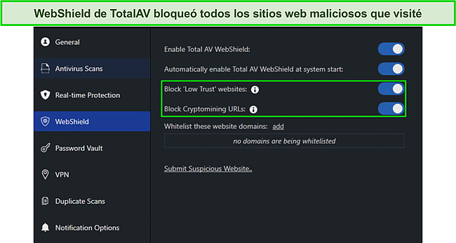 Captura de pantalla de cómo habilitar TotalAV WebShield.
