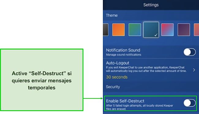 Captura de pantalla de la opción de temporizador de autodestrucción de KeeperChat en formato .