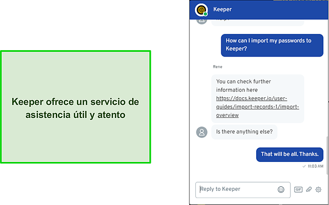 Conversación con el soporte de chat en vivo de Keeper.