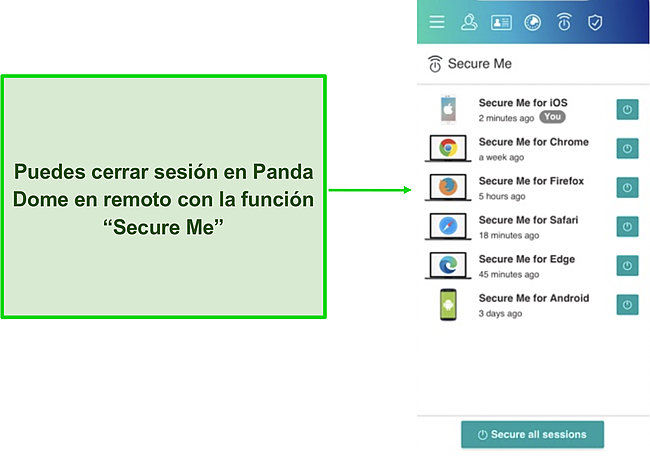 Captura de pantalla del panel Secure Me de Panda Dome.