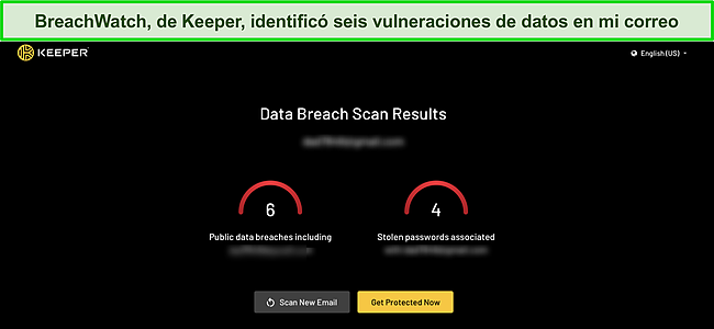 Captura de pantalla de los resultados de la filtración de datos de la herramienta de supervisión de la web oscura de Keeper.