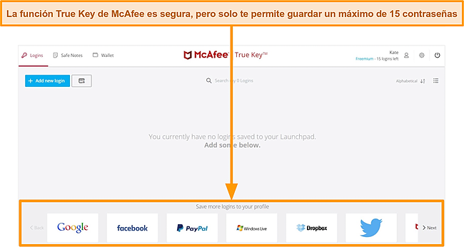 Captura de pantalla del administrador de contraseñas True Key de McAfee.