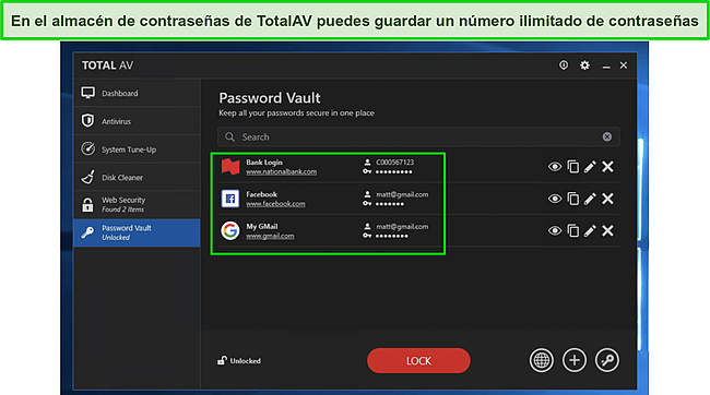Captura de pantalla de la función Bóveda de contraseñas de TotalAV.