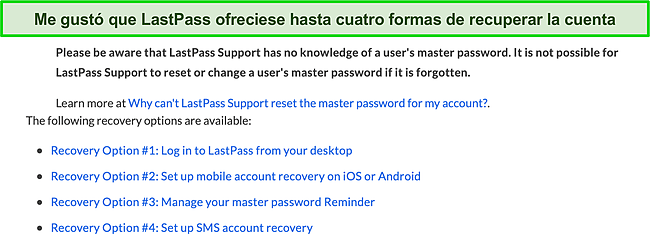 Captura de pantalla de las opciones de recuperación de cuenta de LastPass.