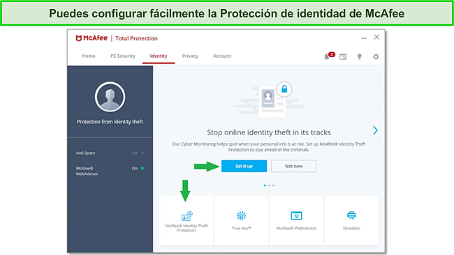 Captura de pantalla de la función Protección de identidad de McAfee.
