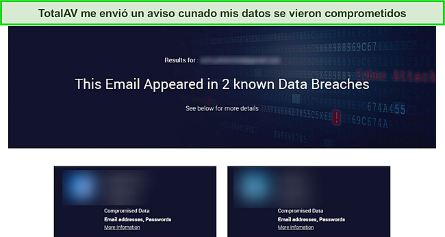 Captura de pantalla de la notificación de violación de datos de TotalAV.