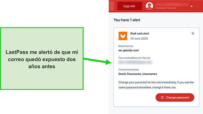 Captura de pantalla de la alerta web oscura de LastPass.