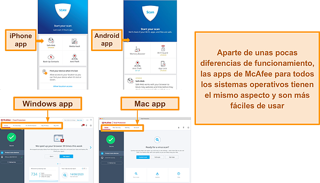 Captura de pantalla de la interfaz de usuario de McAfee en varios sistemas operativos.