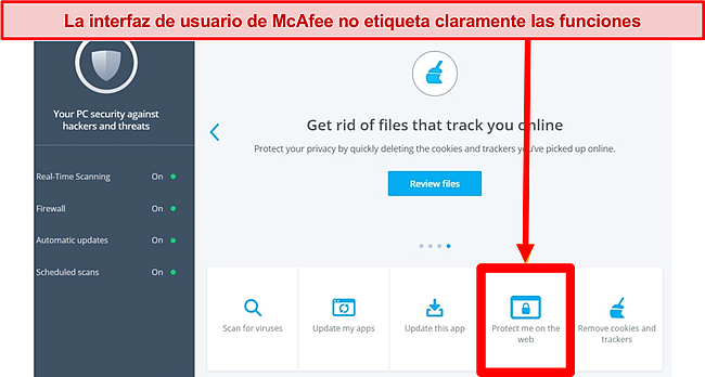 Captura de pantalla del tablero de McAfee que no tiene las etiquetas adecuadas para las funciones.