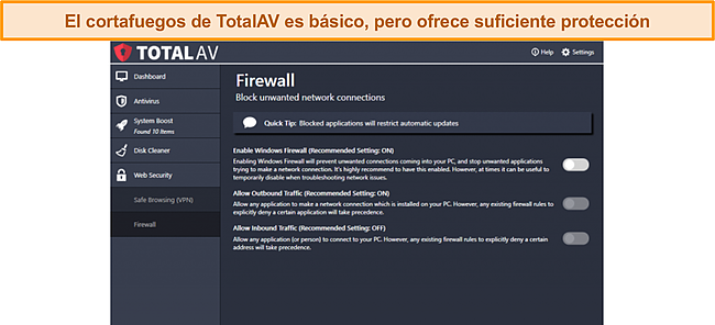 Captura de pantalla de las características del cortafuegos de TotalAV.