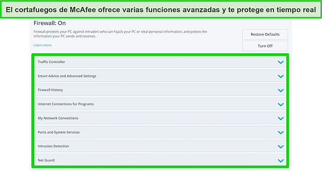 Captura de pantalla de las funciones del cortafuegos de McAfee.