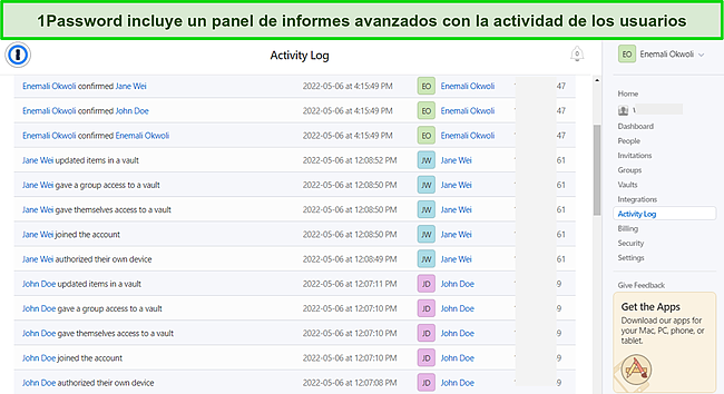 Captura de pantalla del registro de actividad de 1Password para empresas.