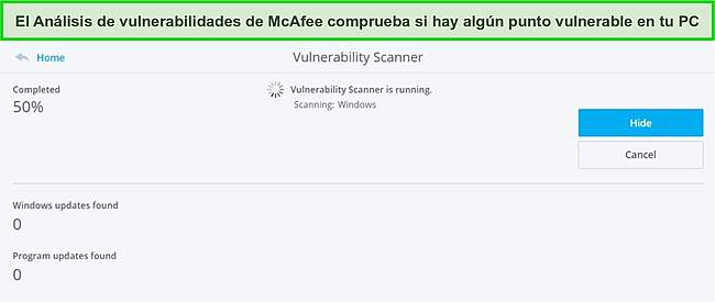 Captura de pantalla del Escáner de vulnerabilidades de McAfee.
