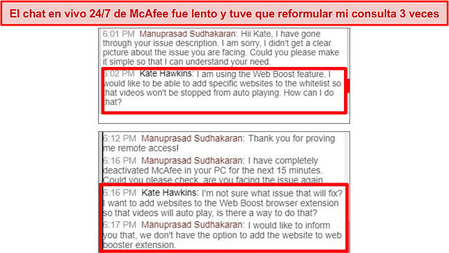 Captura de pantalla de una conversación de chat en vivo las 24 horas, los 7 días de la semana con el agente de soporte de McAfee.