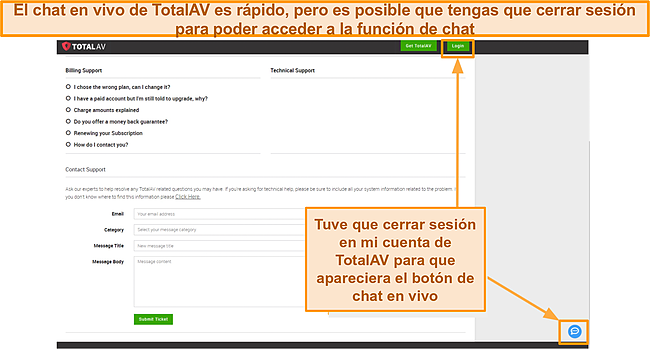 Captura de pantalla de la ubicación del botón de chat de TotalAV.