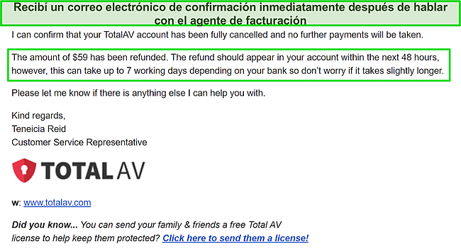 Captura de pantalla del correo electrónico de confirmación de reembolso de TotalAV.
