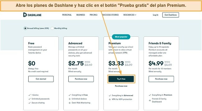 Captura de pantalla de Dashlane. Botón 'Prueba gratis' en plan Premium destacado