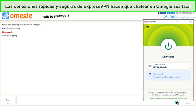 Captura de pantalla de ExpressVPN conectada a un servidor del Reino Unido con un chat de Omegle activo en segundo plano.